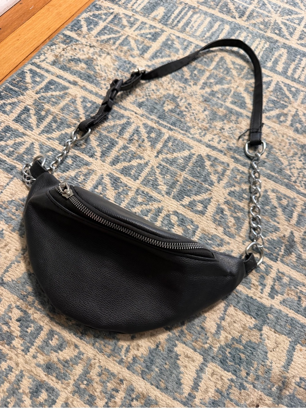 Black Leather Crescent Crossbody Bag with Chain Strap